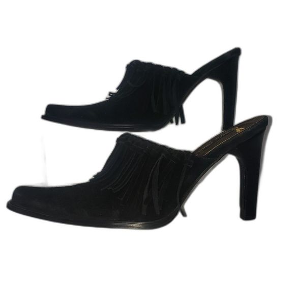 VINTAGE Vis a Vie Black Suede Fringe Mules Heels Bootie Square Toe Shoes Size 7 - Picture 10 of 11
